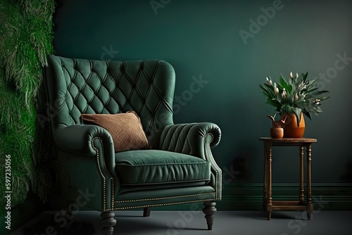 Salon avec fauteuil vert sur fond de mur vert foncé vide. Ai générative 