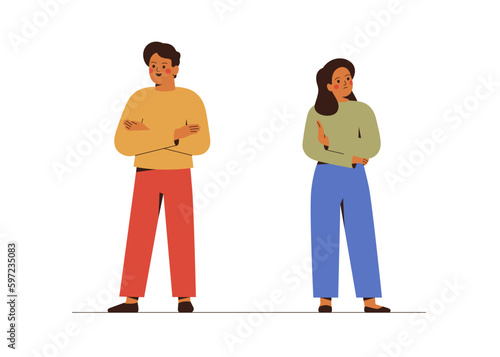 Young Couple on the brink of divorce stand back to back. Married Man and woman quarrel and do not to want understand each other. Relationship break up and family crisis concept. Vector illustration