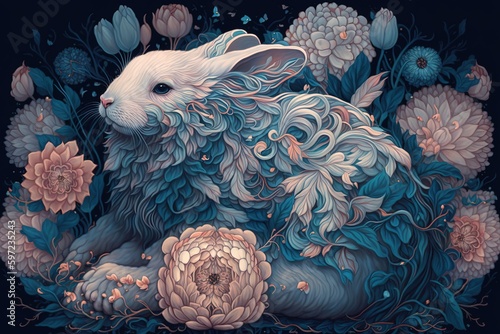 A painting of a rabbit surrounded by flowers, created with Generative Ai Technology