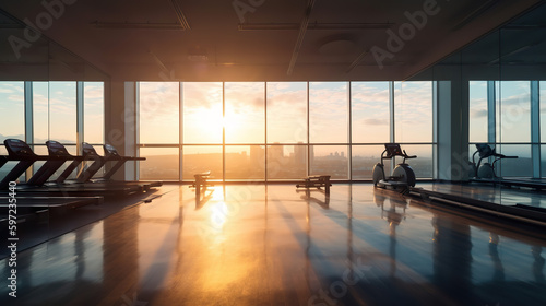 Modern gym interior with equipment interior at morning with sunrise. Dark gym with barbells on rack. Fitness workout center. 3D realistic illustration. Creative AI © Vagner Castro