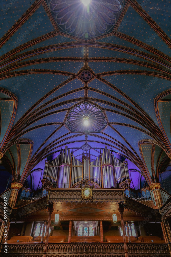 Magnificent opulent splendid baroque gothic church cathedral basilica interiors with stucco, murals, altar, Pilars, ceiling paintings, gold, wood domes nave