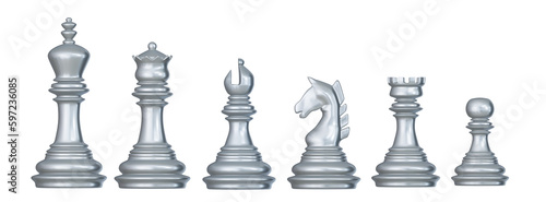 Set of 3d Silver luxury chess pieces. Chess piece icons. Board game.