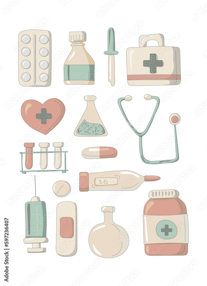 Collection of medical tools isolated on white background. All items are separated. Vector illustration Collection of medical tools isolated on white background. All items are separated. Vector illustration