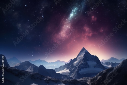 Winter scene with a majestic mountain peak, a star-filled sky, nebula and comet. Generative AI