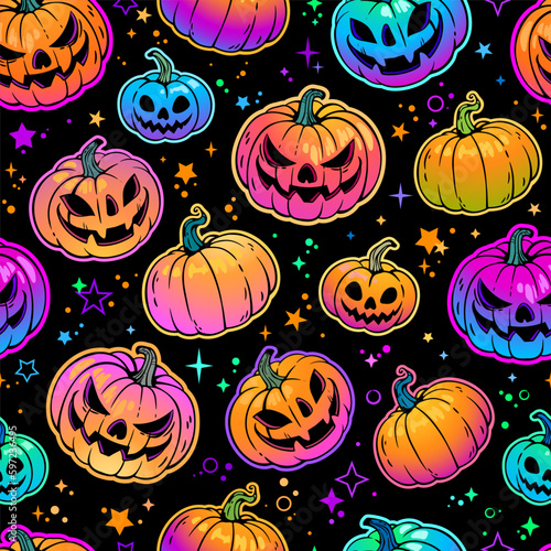 seamless pattern of bright multicolored haloween pumpkins