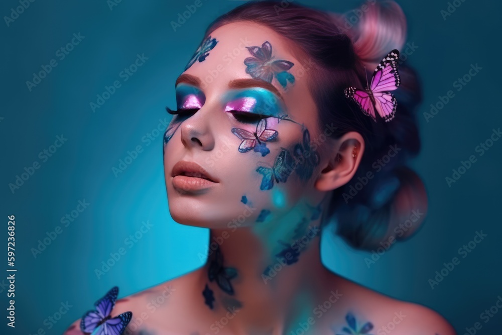 Obraz premium Sensual woman with body art and colored butterflies. Generative AI