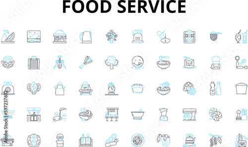 Food service linear icons set. Catering, Delivery, Restaurant, Takeout, Buffet, Kitchen, Chef vector symbols and line concept signs. Hospitality,Banquet,Drive-thru illustration