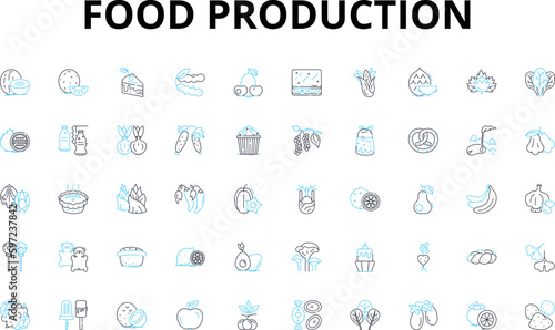 Food production linear icons set. Harvest, Cultivate, Farming, Agriculture, Irrigation, Fertilizer, Crop vector symbols and line concept signs. Livestock,Sustainability,Organic illustration