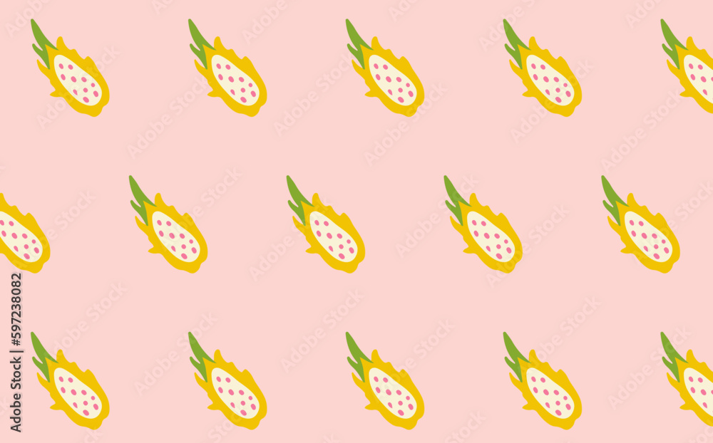 Dragon fruit vector seamless pattern. Tropical doodle background with hand drawn exotic plant. Slice of pitaya wallpaper, textile, wrapping paper print design Dragon fruit vector seamless pattern. Tropical doodle background with hand drawn exotic plant. Slice of pitaya wallpaper, textile, wrapping paper print design