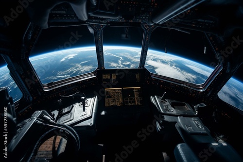 View of Earth from space station cockpit; rocket launch, exploration, research. Generative AI