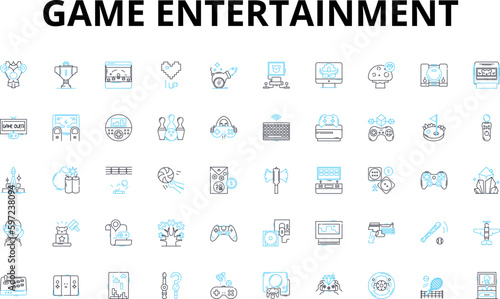 Game entertainment linear icons set. Strategy, Adventure, Fun, Challenge, Fantasy, Excitement, Action vector symbols and line concept signs. Thrill,Multiplayer,Immersive illustration