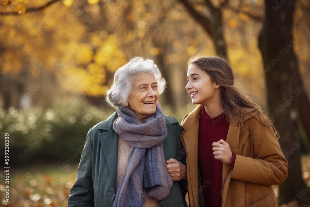 Fototapeta premium Senior woman walking with granddaughter in park. generative AI