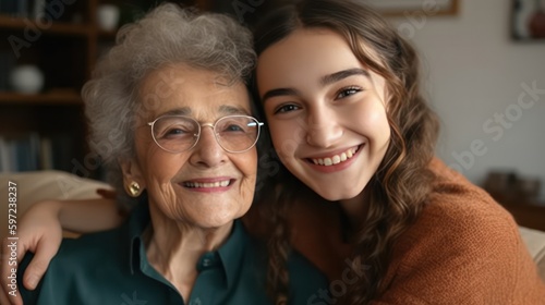 Happy grandmother with smiling granddaughter. generative ai