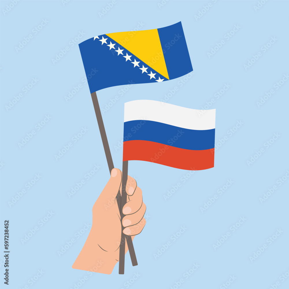 Flags of Bosnia and Herzegovina and Russia, Hand Holding flags Flags of Bosnia and Herzegovina and Russia, Hand Holding flags