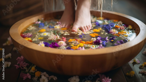 Manicured female feet in spa wooden bowl with flowers and water closeup, generative ai
