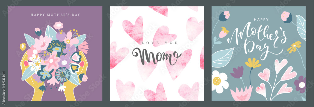 Set of greeting cards for Mother's Day with beautiful flowers and watercolor hearts.Vector illustration