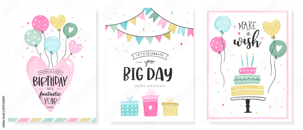 Set of lovely birthday greeting cards with balloons, gifts, confetti and decoration - vector design Set of lovely birthday greeting cards with balloons, gifts, confetti and decoration - vector design