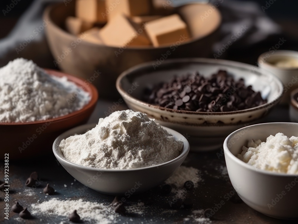 An image of a pantry cabinet with various baking supplies, such as flour, sugar, and chocolate chips, stored in labeled containers An image of a pantry cabinet with various baking supplies, such as flour, sugar, and chocolate chips, stored in labeled containers