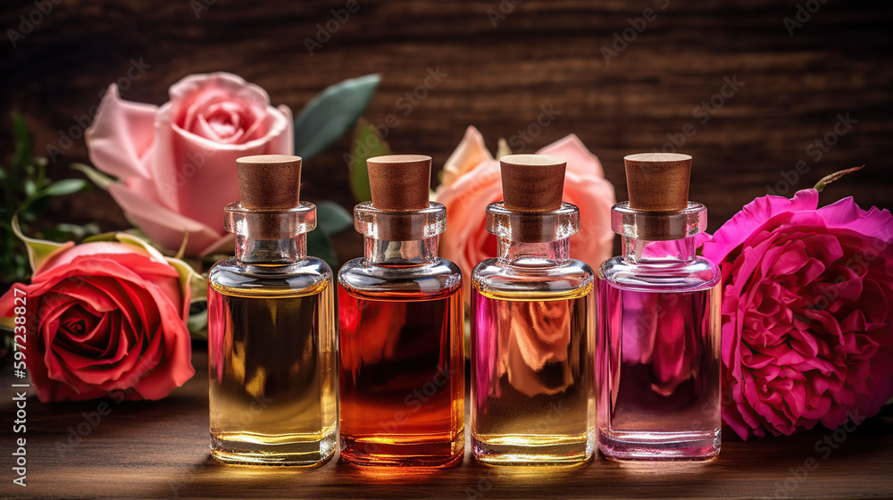 Bottles of essential rose oil and flowers on wooden table, generative ai Bottles of essential rose oil and flowers on wooden table, generative ai
