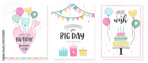 Set of lovely birthday greeting cards with balloons, gifts, confetti and decoration - vector design