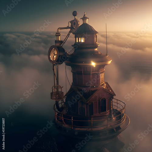 Generative AI steampunk foghorn atop a lighthouse overlooking the foggy sea at night.