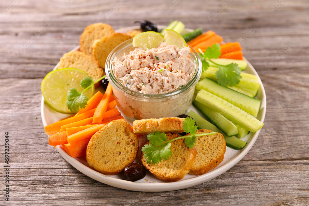 meat spread with bread and raw vegetable stick- snack, buffet food, healthy eating