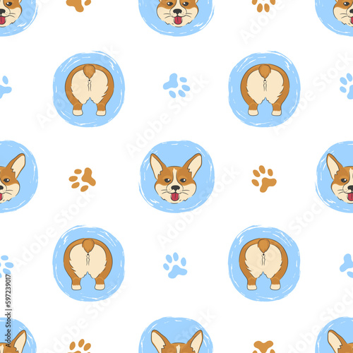 Seamless polka dot pattern with cute corgi butt and face. Vector cartoon dog background