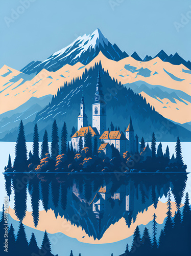 Lake bled Slovenia landscape. AI generated illustration