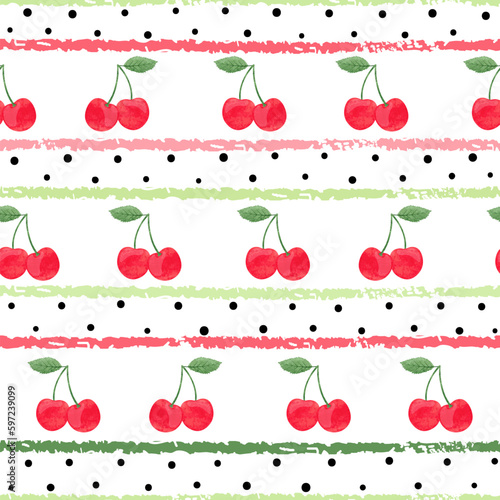 Seamless cherry pattern. Vector striped background with berries