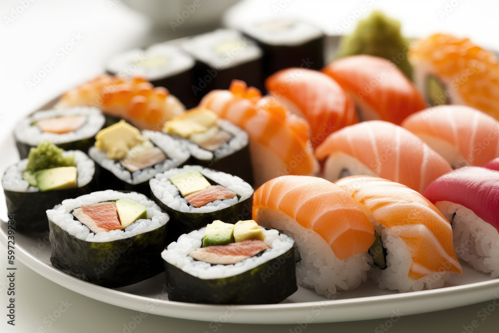 handsomely arranged plate of gourmet sushi, plate features a variety of rolls, including salmon, tuna, and avocado, garnished with pickled ginger (Generative AI)