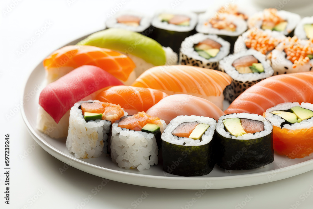 handsomely arranged plate of gourmet sushi, plate features a variety of rolls, including salmon, tuna, and avocado, garnished with pickled ginger (Generative AI)