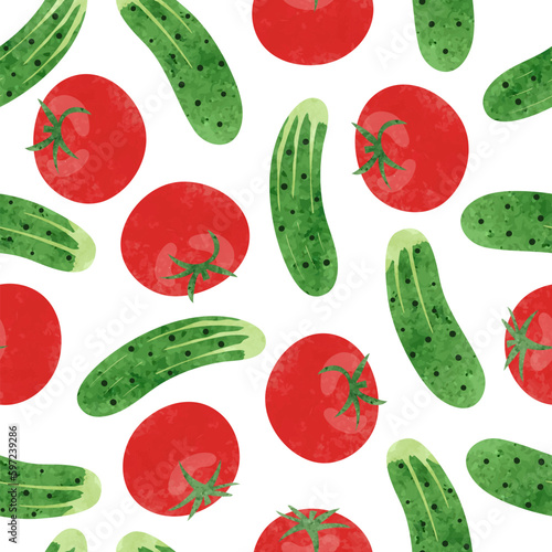 Seamless tomato and cucumber pattern. Vector watercolor vegetables background