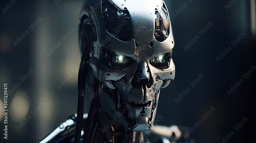 Fototapeta premium In a dystopian future, humanity has created an advanced AI system that has led to a robot uprising., generative AI