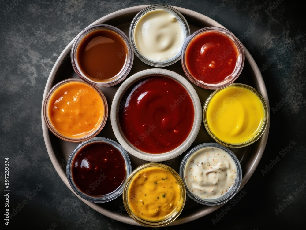 A shot of a lazy susan with different condiments and sauces arranged in a circular pattern A shot of a lazy susan with different condiments and sauces arranged in a circular pattern