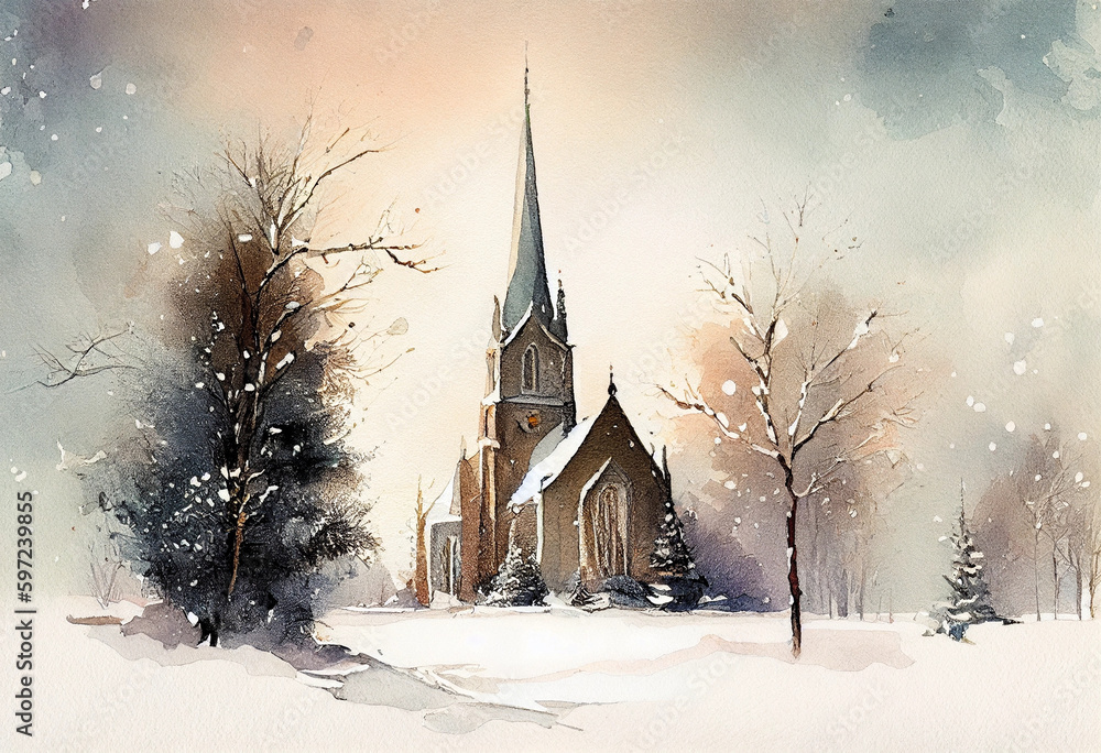 A serene winter landscape with a church in the midst of snow-covered trees, depicting the quiet beauty of faith in nature's cycle, watercolor style Generative AI A serene winter landscape with a church in the midst of snow-covered trees, depicting the quiet beauty of faith in nature's cycle, watercolor style Generative AI