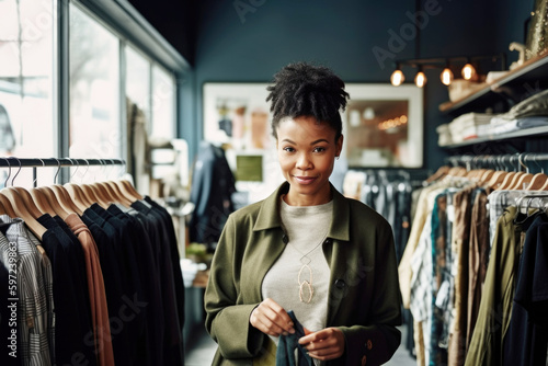 Black small business woman owner in clothing retail store. Generative AI. photo