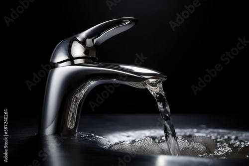 turned on faucet from which water flows on a black background