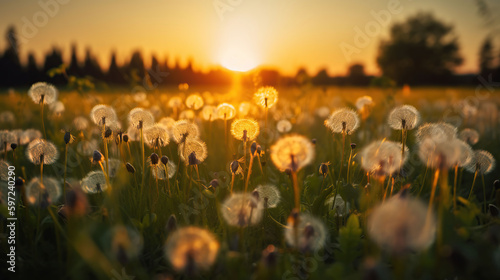 Dandelion Field With Flying Seeds At Sunset, generative ai