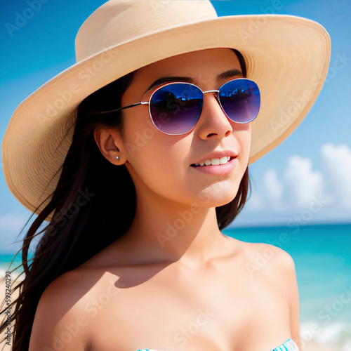 A girl on the beach, sunny day, vacation photo. Generative AI