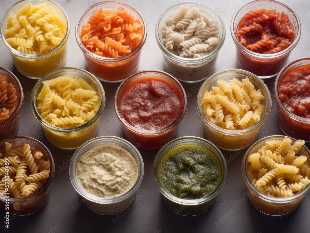 A photo of a vertical shelf organizer with different pasta shapes and sauces arranged by type A photo of a vertical shelf organizer with different pasta shapes and sauces arranged by type