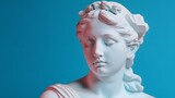 Gypsum ancient statue of Venus de Milo in pastel tone on pastel background. Plaster sculpture of a woman's face. Love, beauty, feminism. Y2K Modern Art Style. Generative Ai.