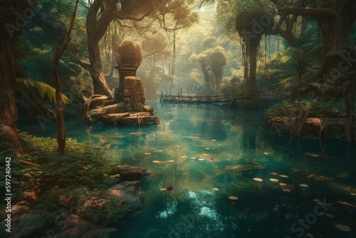 A peaceful sanctuary depicting a whimsical scenery of vibrant forest and calm waterway in enchanted motif. Generative AI