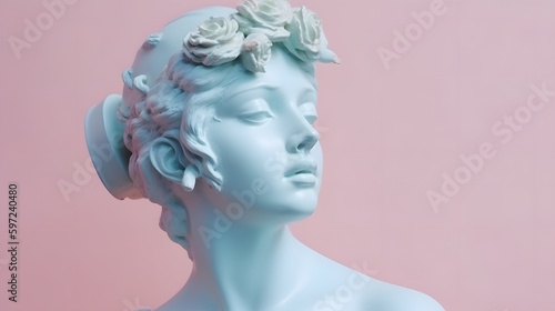 Gypsum ancient statue of Venus de Milo in pastel tone on pastel background. Plaster sculpture of a woman's face. Love, beauty, feminism. Y2K Modern Art Style. Generative Ai. © ckybe