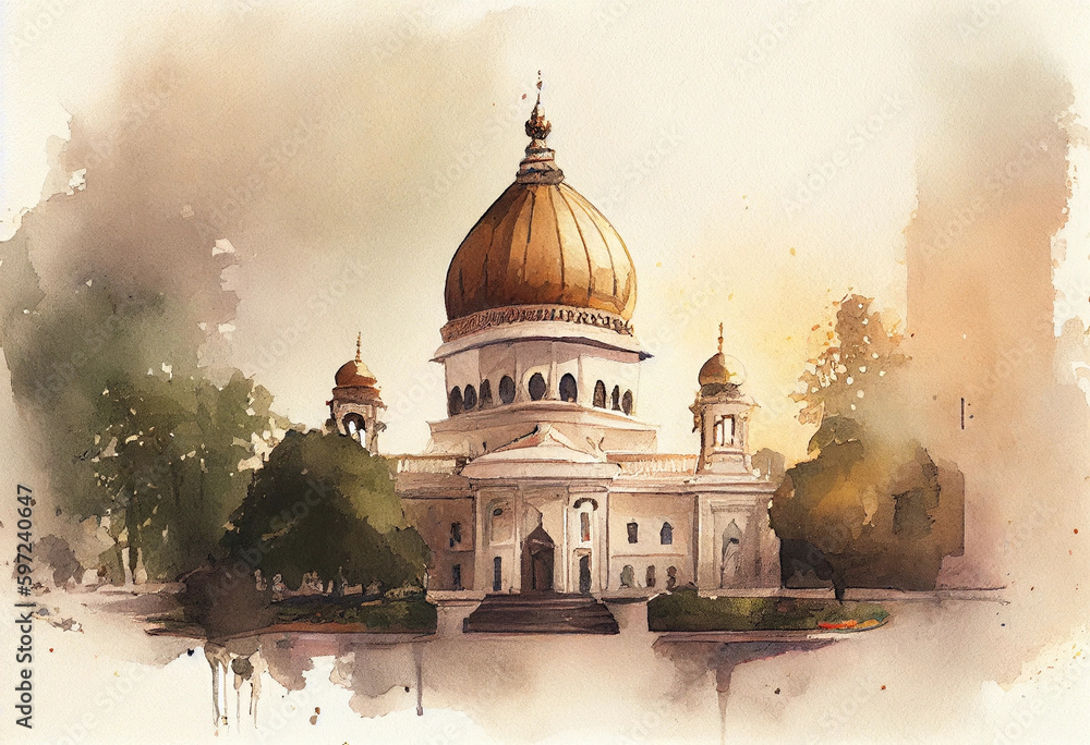 A tranquil scene of a Sikh gurdwara with its iconic golden dome, representing the principles of equality, service, and community in Sikhism, watercolor style Generative AI