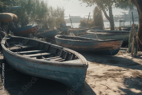 Watercolor of boats resting on shore. Generative AI