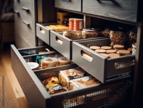 A shot of a pull-out pantry drawer with neatly stacked snacks and crackers