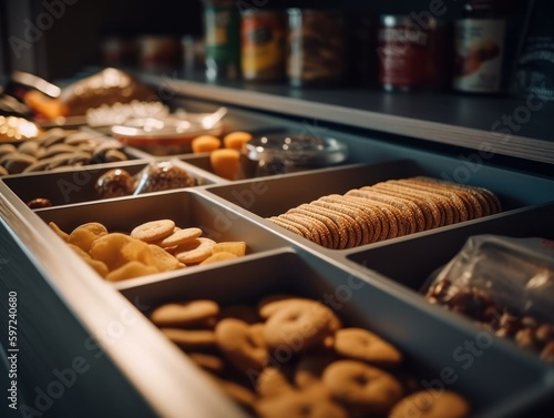 A shot of a pull-out pantry drawer with neatly stacked snacks and crackers