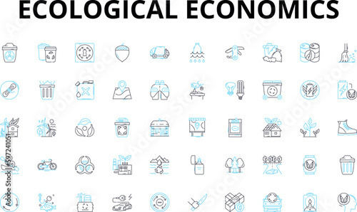 Ecological economics linear icons set. Sustainability, Environment, Economy, Resources, Climate, Systems, Policy vector symbols and line concept signs. Conservation,Ecosystems,Degrowth Generative AI