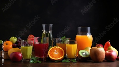 Glasses with different juices and fresh fruits on table, generative ai