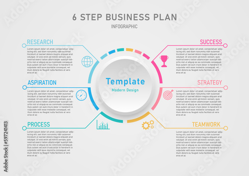 Template simple modern infographic 6 steps business plan success circle segmented multi colored icons with lines Button in the middle with a clean gray gradient background.